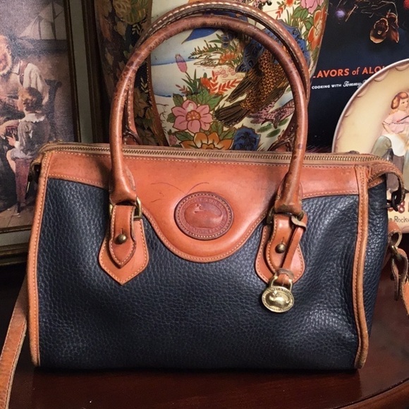Vintage DOONEY & BOURKE Black With Tan Trim Leather Satchel  Dooney & Bourke Black and Brown Leather Satchel